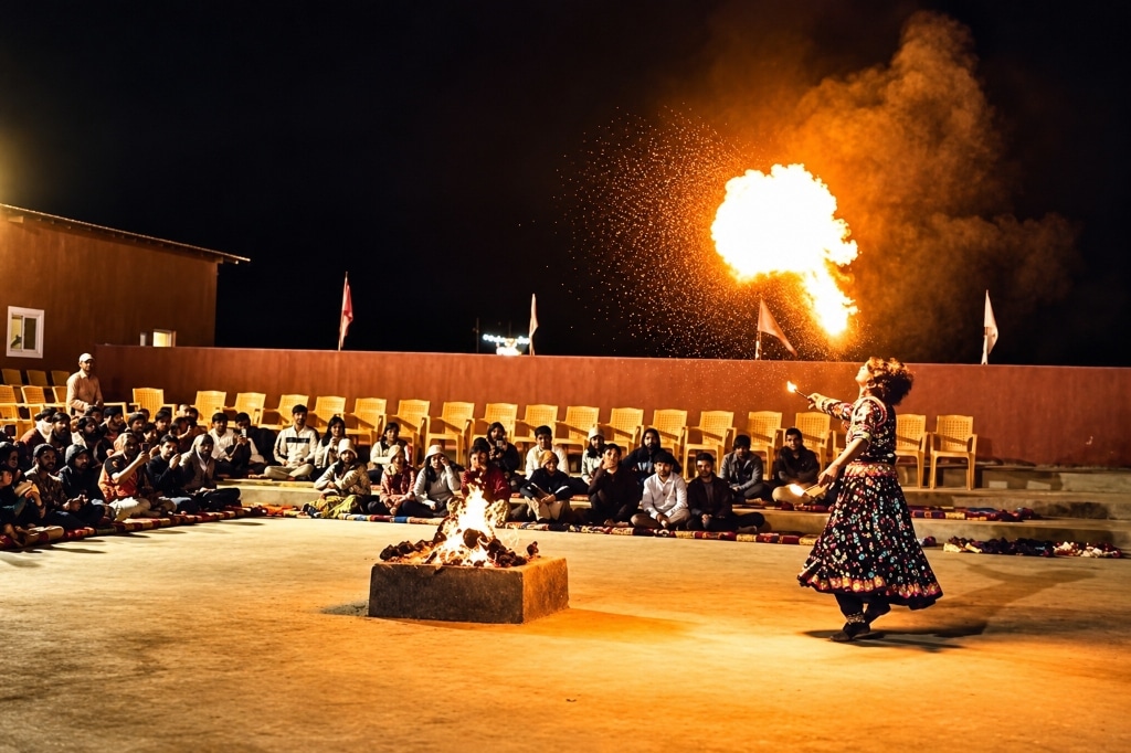 Dramatic campfire fire-breathing show and evening gathering under the starlit sky