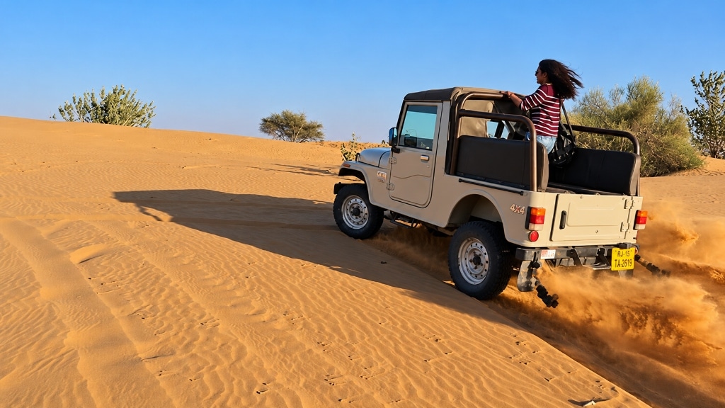 4x4 open Thar jeep expedition dune bashing across desert crests near Jaisalmer