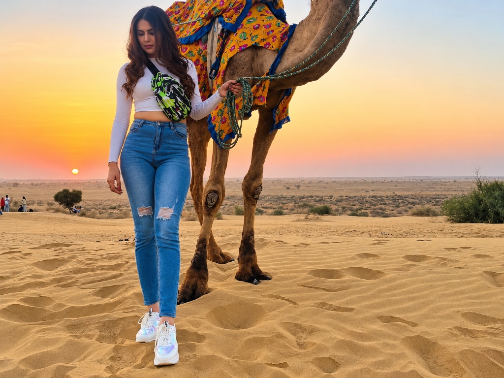 Golden hour camel trek traversing the rippling sand dunes at sunset